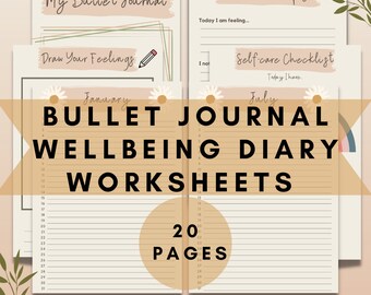 Puede incluir: Un diario de viñetas y un diario de bienestar imprimibles con 20 páginas. Las páginas están rayadas y tienen un fondo marrón claro. El título "Bullet Journal Wellbeing Diary Worksheets" está en letras grandes, negritas y negras. Los meses de enero y julio se muestran en las páginas.