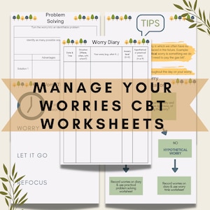 Manage Your Anxiety CBT Worksheets, Therapy Worksheets, Mental Health Worksheets, Anxiety Worksheets, Worry Diary, PDF digital download