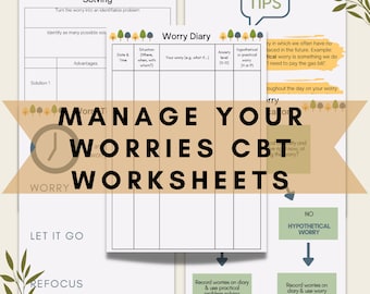 Anxiety CBT Worksheets, Worry Diary, Mental Health Therapy (PDF Digital Download)