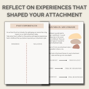 May include: A printable worksheet with the title "Reflect on Experiences That Shaped Your Attachment." The worksheet is divided into two sections: "Past Experiences" and "Wounds in Adulthood." The "Past Experiences" section has a timeline with the words "Positive" and "Negative" at the top. The "Wounds in Adulthood" section has a diagram with arrows pointing from "Avoidant" to "What is Love?", "Upied" to "I Will Be Abandoned", and "Avoidant" to "I Will Be Betrayed."