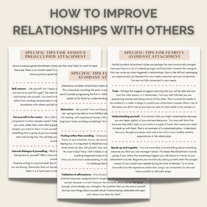 May include: Two pages of advice on how to improve relationships with others. The pages are divided into sections for anxious preoccupied attachment, dismissive avoidant attachment, fearful avoidant attachment, and specific tips for each. The text is in a white sans-serif font on a light blue background.