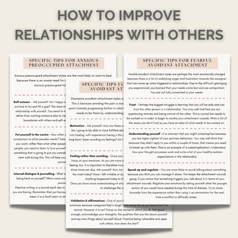 May include: Two pages of advice on how to improve relationships with others. The pages are divided into sections for anxious preoccupied attachment, dismissive avoidant attachment, fearful avoidant attachment, and specific tips for each. The text is in a white sans-serif font on a light blue background.