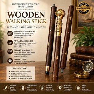May include: A three-piece wooden walking stick with a polished dark brown finish and gold-colored brass accents. The handle features an ornate, embossed brass design. The stick includes a threaded metal connector and a black rubber tip at the base.