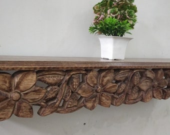 Handcrafted Wood Carving Wall Shelf - Rustic Home Decor , wood shelf, carving unit, floating wall shelf, wall mount wooden shelf