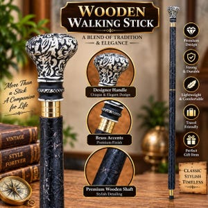 Wooden walking stick with Handle Cane, Three Foldable Leather Cover Shaft, Carving Design, Gift for Father