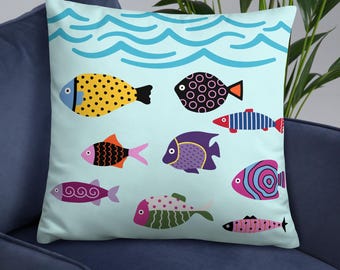 Fish Throw Pillow 22x22, Coastal Beach House Accent Cushion