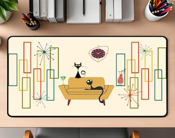 Alfombrilla de escritorio, alfombrilla de ratón con diseño de gato de mediados de siglo, decoración retro para la oficina.