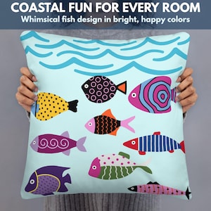 Colorful Fish Throw Pillow | Whimsical Coastal Decor Accent Cushion | Nautical Ocean-Themed Home Decor | 18-Inch Beach House Pillow