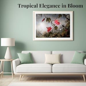 Vintage Tropical Floral Printable | Passionflower and Hummingbird Wall Art | Exotic Nature Botanical Digital Download | Jungle Bird Decor