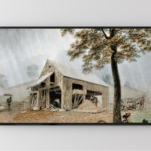 Moldura de TV Samsung Art Rústica, Celeiro Rural, Dia Chuvoso, Pintura Vintage | Download Digital