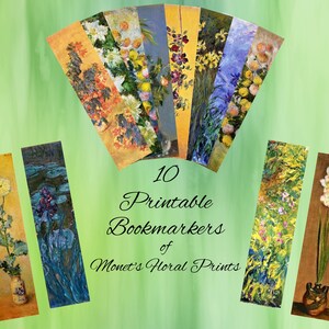 Ten Printable Bookmarkers, Floral digital bookmarks, Vintage Monet Floral painting bookmarks