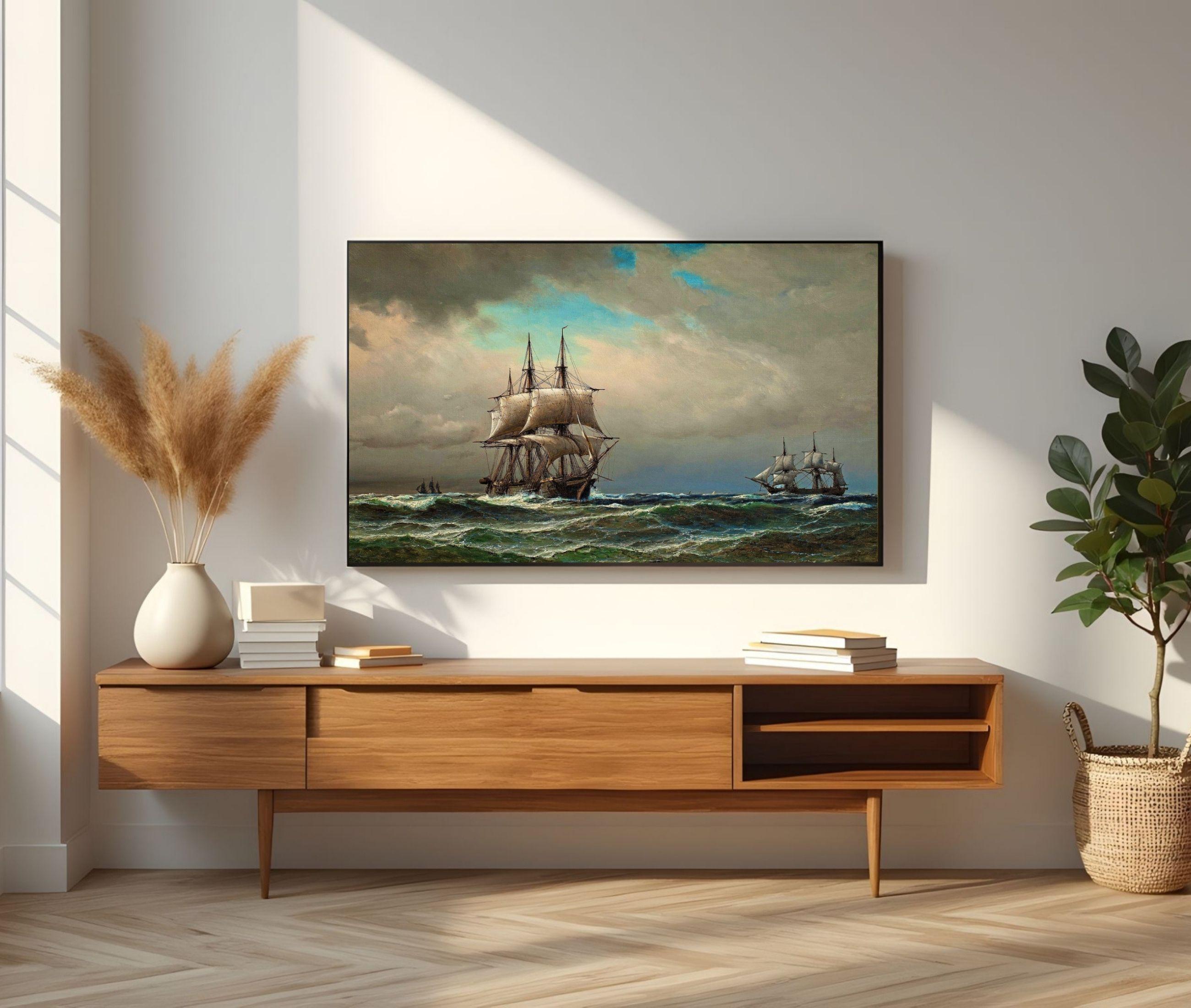 フレームテレビアート 4K 航海帆船海景 Samsung フレームテレビ