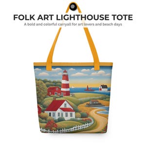 Folk Art Lighthouse Tote Bag | Americana Coastal Beach Bag | Colorful 15x15 Art Tote | Nautical Summer Market Bag Gift for Her