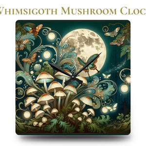 Whimsigoth Mushroom Moon Clock | Mystical Wall Clock Round or Square | Fairycore Cottage Decor | Fantasy Forest Acrylic Art Clock