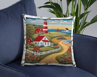 Cojín decorativo de arte popular americano – Casa de campo y faro