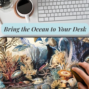 Underwater Coral Reef Desk Mat | Vintage Ocean Life Office Decor | Artistic Marine Mouse Pad | Sea Creature Workspace Gift Idea