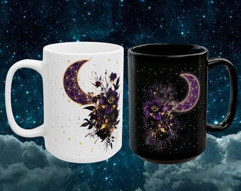 Fioletowy kubek do kawy z motywem księżyca i kwiatów, czarujący kubek Whimsigoth Celestial, czarny lub biały