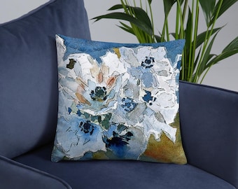 Blaue Blumen Dekokissen 18x18 Fine Art Aquarell Kissen