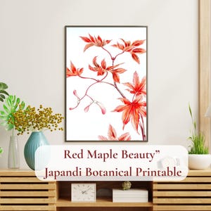 Red Japanese Maple Leaf Art Print | Japandi Autumn Botanical Wall Decor | Vintage fall Decor | Minimalist Digital Download Poster