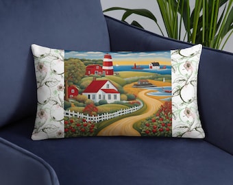 Almohada lumbar de arte popular de faro: textura de lino costero (20 x 12)