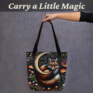 Whimsigoth Fox Moon Tote Bag | Mushroom Forest Aesthetic | Celestial Witchy Bag | Cottagecore Boho Gift | Mystical Gothic Tote