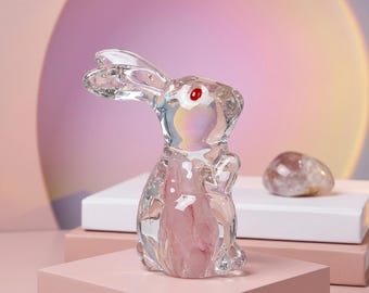 Ręcznie robiona szklana figurka królika, artystyczna szklana figurka królika, kolorowa szklana dekoracja zwierząt, wyjątkowy kolekcjonerski prezent artystyczny, wiosenna ozdoba do domu