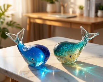 Ręcznie dmuchana szklana figurka wieloryba, rzeźba zwierzęcia oceanicznego, dekoracja domu w stylu nadmorskim, dekoracyjny szklany ornament na prezent