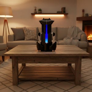Könnte beinhalten: Ein futuristisch aussehendes Gerät in Schwarz und Silber mit einem hellblauen Licht, das aus der Mitte kommt, steht auf einem Couchtisch aus Holz. Das Gerät hat ein einzigartiges geometrisches Design und ist der Mittelpunkt des Raumes. Der Raum hat eine gemütliche Atmosphäre.