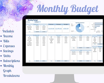 Monthly Budget Template, Financial Planner, Budget Template, Savings Tracker, Bill Tracker, Debt Tracker, Subscription Tracker, Finances