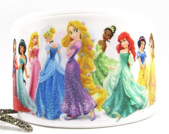 Disney Glitter Princess Print Cinta de grogrén de 3" / Aurora, Rapunzel, Blancanieves, Mulan, Tiana, Cenicienta, Jasmine, Belle, Ariel