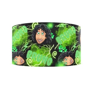May include: Black and green ribbon with a repeating pattern of a cartoon character with curly black hair and the word "Bruno" in green letters. The background is a green and black lightning bolt pattern.