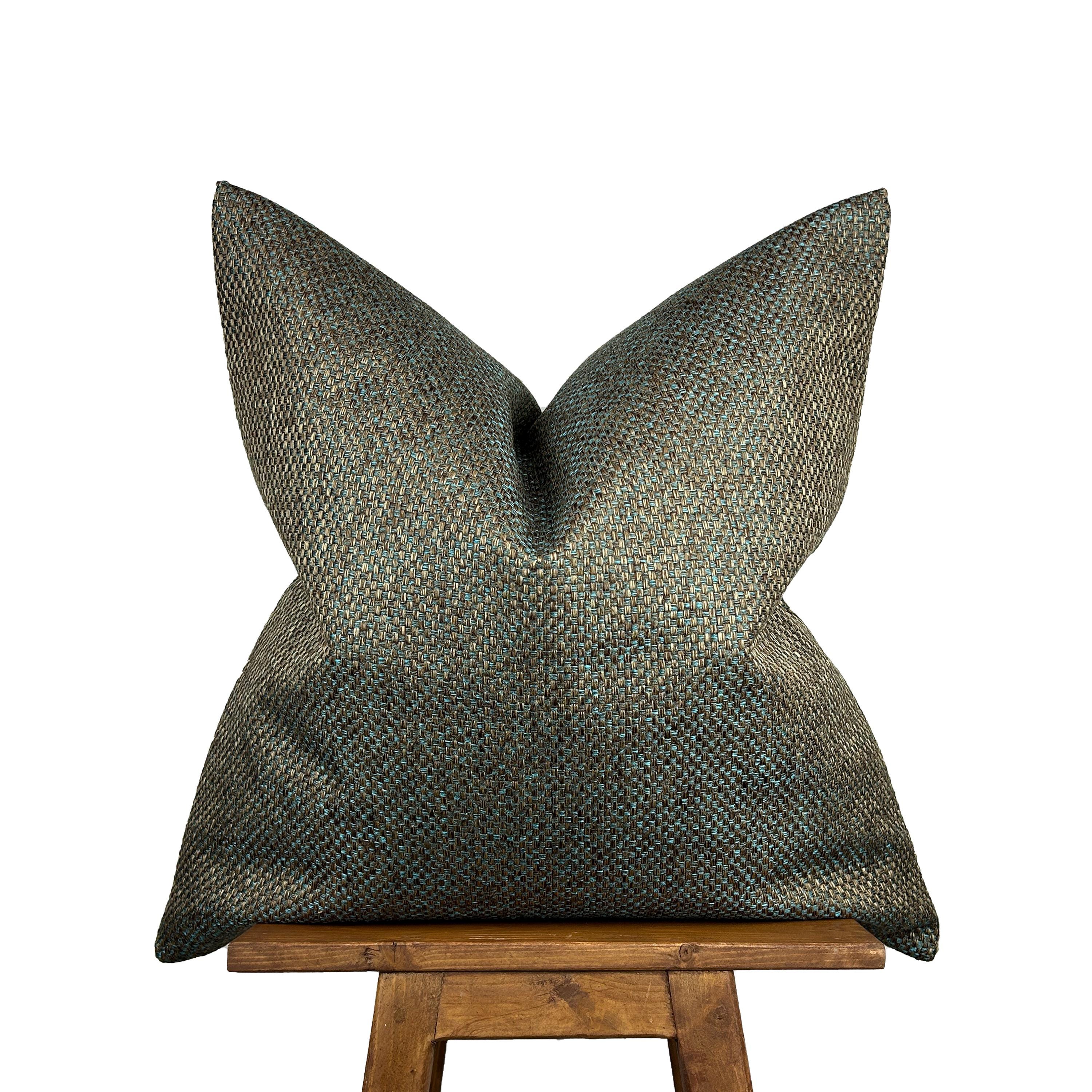 Rustic Brown and Teal Woven Pillow Cover With Turquoise Thread Detail