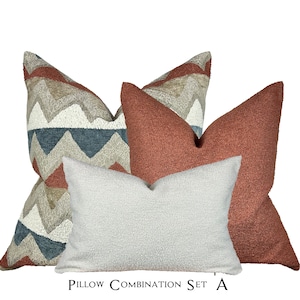 Modern Decorative Pillow Cover Set in Rust, Cream and Chevron Patterns, Textured Throw Pillow Combo for Couch, Sofa or Bed Decor