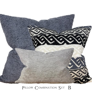 Blue and Gray Boho Throw Pillow Cover Set, Decorative Pillow Combination for Couch, Cozy Accent Euro Pillow Sham Set, Designer Pillow Gift