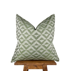 Moss Green Beige Linen Pillow Cover, Designer Cushion Cover, Couch Lumbar Pillow, Green Throw Pillow, Geometric Woven Pillow, Green Decor