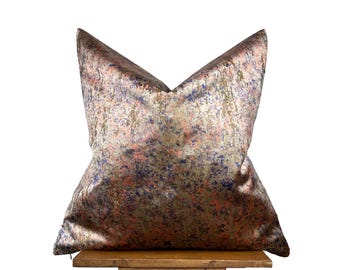 Abstract Metallic Velvet Pillow Cover with Pink Tones Brushstroke Pattern, Decorative Artistic Throw Cushion for Sofa or Modern Interior