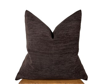 Chocolate Brown Throw Pillow Cover, Chenille Euro Pillow Sham 26x26, Dark Brown Cushion, Lumbar Pillow 12x20, Decorative Farmhouse Cushion