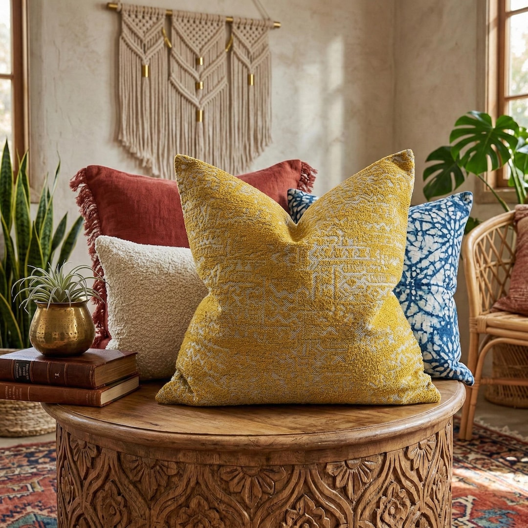 Mustard Yellow Decorative Throw Pillow Cover With Elegant Tribal ...