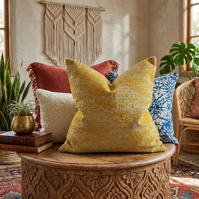 Mustard Yellow Decorative Throw Pillow Cover With Elegant Tribal ...