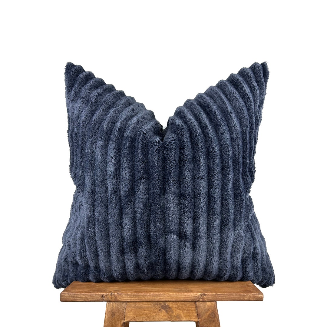 Navy Blue Accent Sherpa Pillow Cover, Faux Fur Euro Sham 24x24, Fluffy