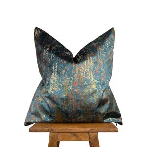 Deep Teal, Gold and Rust Abstract Pattern Pillow Cover, Luxury Woven Velvet Lumbar, Elegant Decorative Throw Cushion Case for Sofa or Bed
