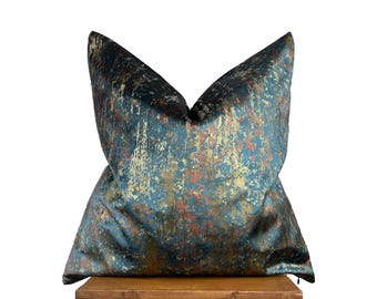Deep Teal, Gold and Rust Abstract Pattern Pillow Cover, Luxury Woven Velvet Lumbar, Elegant Decorative Throw Cushion Case for Sofa or Bed