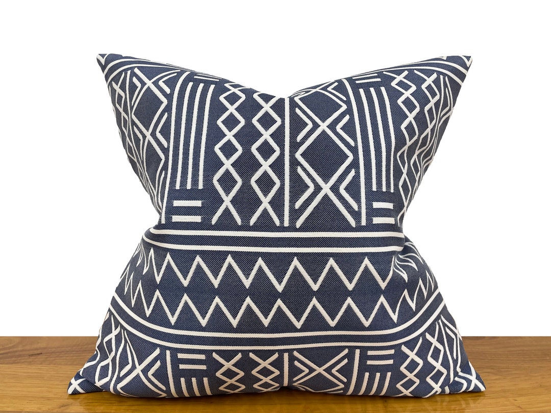 Water Resistant Navy Blue Outdoor Pillow Cover, Blue Mudcloth Pillow
