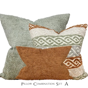 Sage Green and Terracotta Color Pillow Cover Set, Neutral Design Pillow Combination, Rust Green Euro Sham for Bedroom, Pillow Set for Couch
