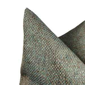 Rustic Brown and Teal Woven Pillow Cover with Turquoise Thread Detail, Heavyweight Textured Linen Cushion for Modern Farmhouse Decor