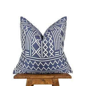 Navy Blue Waterproof Outdoor Pillow Cover, Blue Mudcloth Pillow, Outdoor Patio Pillow, Backyard Decor, Designer Lumbar Pillow