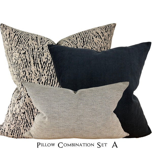 Cream and Black Modern Pillow Cover Set, Woven Accent Pillow Set for Couch, Throw Pillow Cover Set in Black and Beige, Designer Pillow