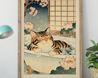 Funny Cat in Bathtub Print: Ukiyo-e Style Bathroom Poster, Japanese bathroom wall art