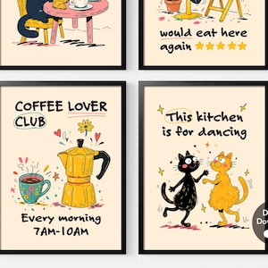 Juego de láminas divertidas de gatos para la cocina: Café Croissant, Gatos bailando (Descarga digital)