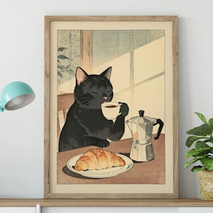 Black Cat Espresso Print – Moka Pot & Croissant Canvas Poster for Coffee Bar,Ukiyo-e Style Kitchen Wall Decor,Japandi Art
